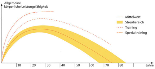 CARVINGGOLF: Modellkurve zum Entwicklungsverlauf der krperlichen Leistungsfhigkeit  width=